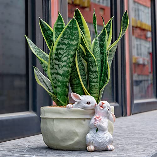 WONDHOME Rabbit Flower Pot Succulent Planter Garden Pots, Bunny Decorative Flower Pot,Animal Shaped Cartoon Planter Pots, Art Decorations for Mom Women （Flower with Drainage Hole）