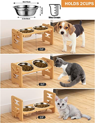 Vantic Elevated Dog Bowls-Adjustable Raised Dog Bowls with Stand for Small Size Dogs and Cats, Sturdy Bamboo Dog Feeder with 2 Stainless Steel Bowls and Non-Slip Feet