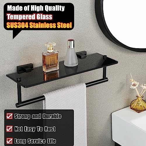 Alise Bathroom Shelves Glass Shelf with Bar,Wall Mount Floating Shelves for Bathroom,1 Tier Tempered Glass Holder Rack Storage Organizer,SUS304 Stainless Steel GOY6380-B Black