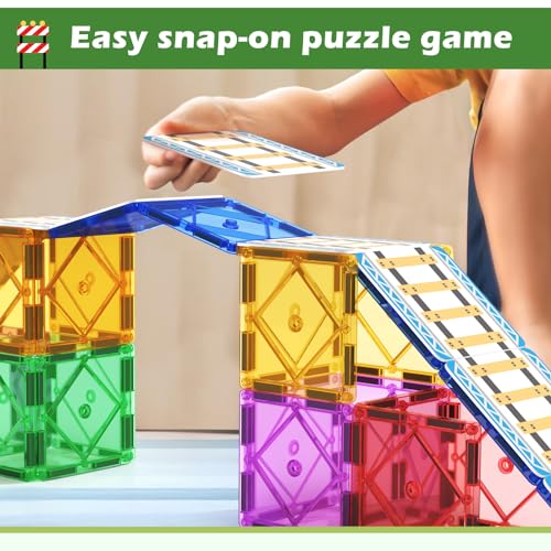 56PCS Magnetic Tiles Railroad Toppers Kids Toys Add-on Train Track Playset Playing with Trains Cars Preschool Learning Activities STEM Toys for Age 5-7