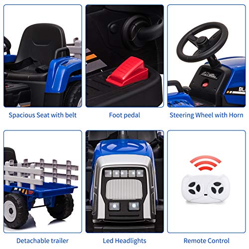 Nasitip 12V Kids Battery Powered Electric Tractor with Trailer, Toddler Ride On Car w/Remote Control/ 7-LED Headlights/ 2+1 Gear Shift/ MP3 Player/USB Port for Kids 3-6 Years (Blue, 25W/ Tread Tire)