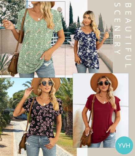 YVH Womens Tops, Short Sleeve Ruffle V Neck Semi Casual Shirts for Women Soft Comfy Loose Fit Blouse, Polka Dot Black, 3XL