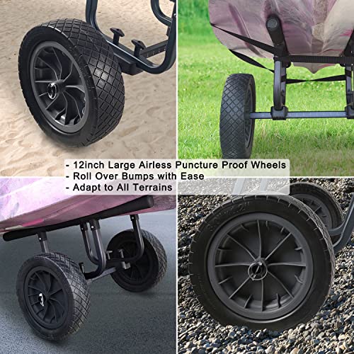 JOIERW Heavy Duty Kayak Cart, Width Adjustable Canoe Cart with 12inch Flatfree Beach Wheels Boat Dolly Cart Transport Carrier