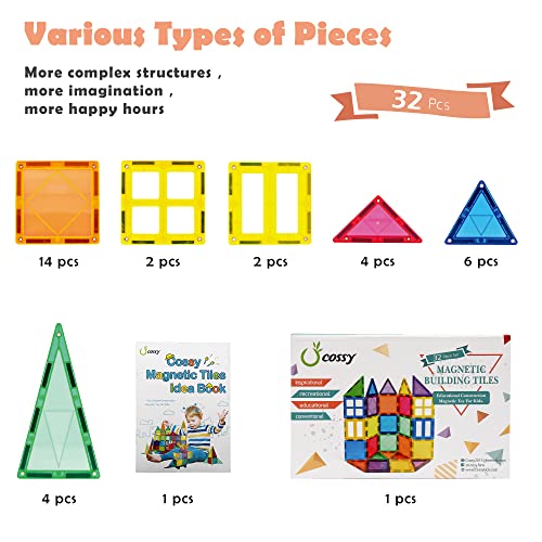 cossy 32Pcs Magnet Tiles Magnetic 3D Building Blocks Set Educational Construction Toys for 3+ Year Kids with Stronger Magnets, Rivets-Fastened, Inspirational, Recreational, Educational, Conventional