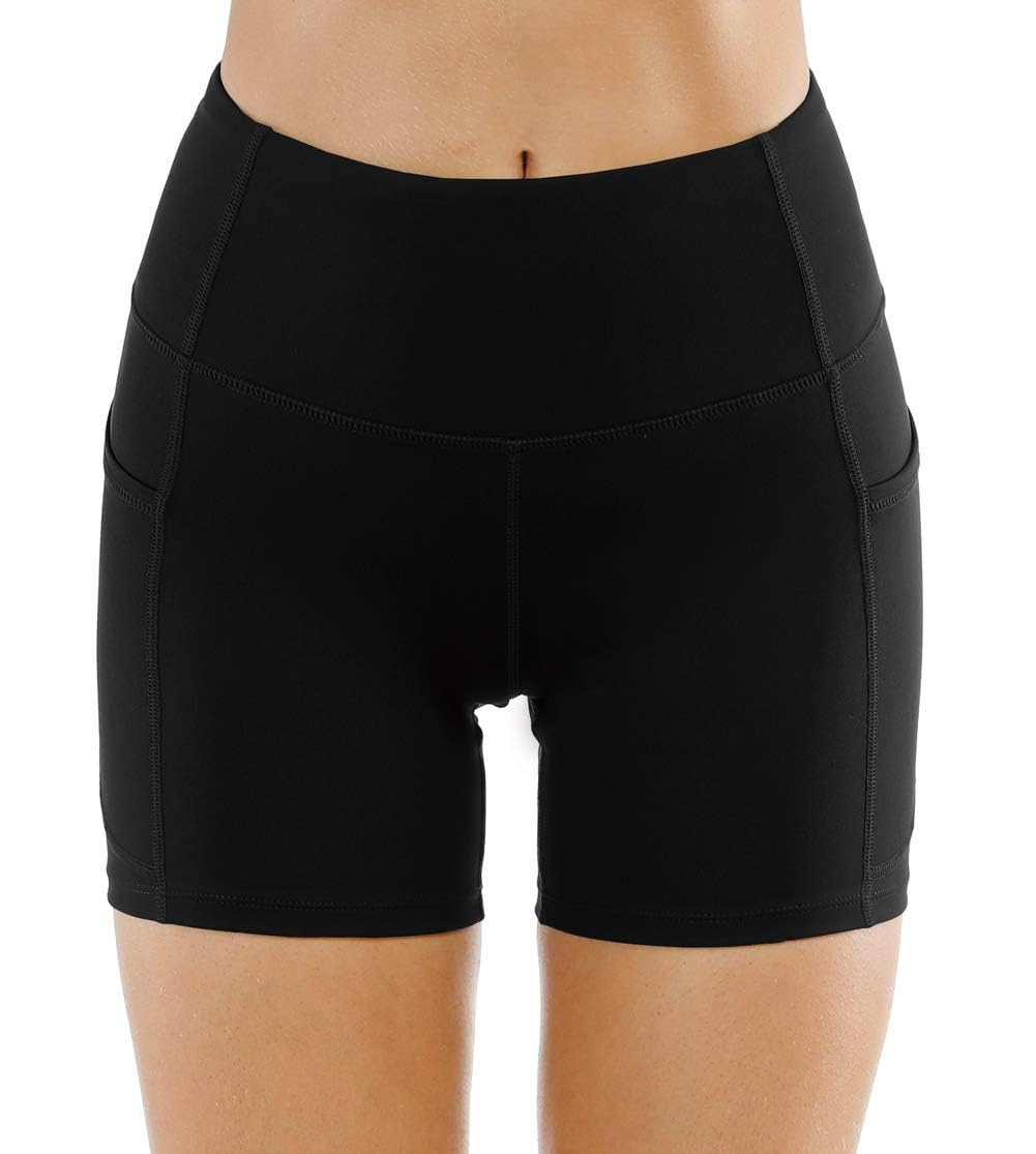 THE GYM PEOPLE High Waist Yoga Shorts for Women Tummy Control Fitness Athletic Workout Running Shorts with Deep Pockets (Large, Black)