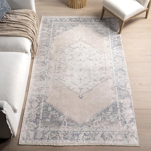 nuLOOM Sol Medallion Machine Washable Area Rug - 2x8 Machine Washable Runner Rug Traditional Light Grey/Blue Rugs for Living Room Bedroom Dining Room Entryway Hallway Kitchen