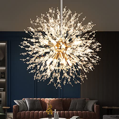 Modern Gold Crystal Chandeliers Firework, 8-Light Dandelion Chandelier, Semi Flush Mount Ceiling Light Fixtures, Stainless Steel Pendant Light for Bedroom Foyer Hallway Entryway Kitchen, G9 Socket