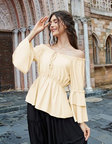 Womens Summer Tops Dressy Casual Bell Sleeve Renaissance Pirate Shirt Hide Tummy Peplum Blouse Apricot S