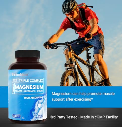 BioEmblem Triple Magnesium Complex | 300mg of Magnesium Glycinate, Malate, & Citrate for Muscles, Nerves, & Energy | High Absorption | Vegan, Non-GMO | 90 Capsules