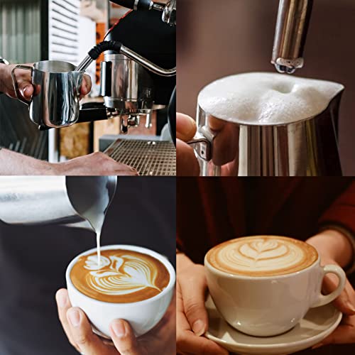 Milk Frothing Pitcher, 12oz Espresso Steaming Pitchers Stainless Steel Cappuccino Coffee Machine Accessories Barista Tools Steam Froth Pitchers Milk Jug Cup with Decorating Pen Latte Art, Blue
