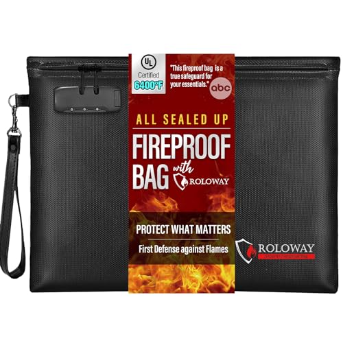 ROLOWAY Fireproof Document Bag (14.5 x 11.5 inch), 6400℉ Fireproof Money Bag with Zipper for Cash, Fireproof Bag Money Pouch, Fire Safe Cash Bag Banker Bag, Smell Proof Bag Money Bag with Lock (Black)