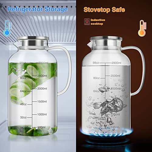 Hannadepot Glass Pitcher, Glass Water Pitcher with Lid, 118oz/0.92 Gallon Heat Resistant Borosilicate Glass Carafe with Pot Holder and Spoon Temperature Safe (118oz/3.5L)
