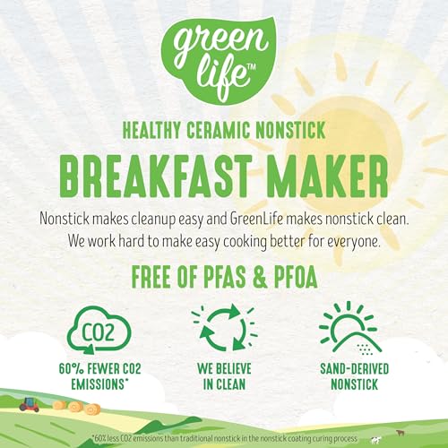 GreenLife 3-in-1 Breakfast Station, Ceramic Nonstick PFAS-Free Dual Griddles for Eggs Meat Pancakes & Sandwiches + 2-Slice Toast Drawer, Healthy Cooking, Timer, Versatile Morning Meal Maker, Turquoise