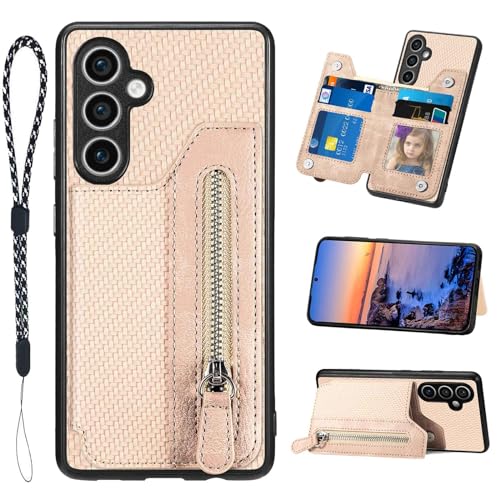 JanCalm S23 FE Case Card Holder,for Galaxy S23 FE Case Wallet Zipper,Camera Protector,Double Magnetic Clasp,Leather Kickstand Card Slots Protective Flip Cover for Samsung S23 FE (2023) (Beige)