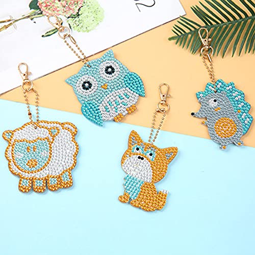 4 Pcs/Set 5D Full Drill Rhinestone Mosaic Making Kit Diamond Painting Keychain for DIY Craft Key Ring Bag Decor (Animal)