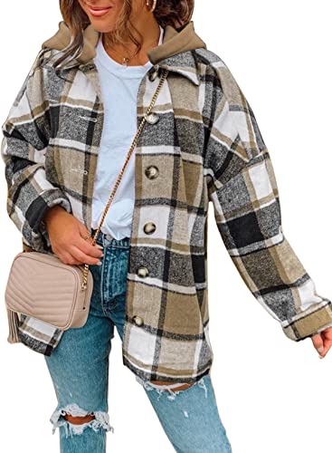 SHEWIN Womens Casual Plaid Hooded Flannel Shirts Long Sleeve Button Down Shacket Jacket Hoodie Soft Winter Coat Fall Outfits Women Trendy,US 8-10(M),Deep Pink