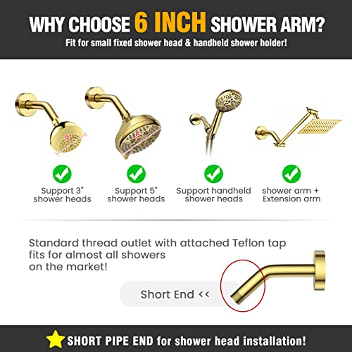 YASFEL Brushed Gold Shower Arm 6" Shower Extension Arm Pipe with Flange and Teflon Tape for Shower Head & Handheld Shower Head(SUS 304, Brushed Gold,NPT)