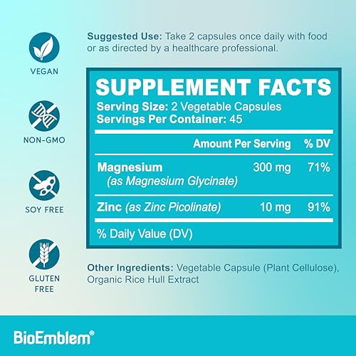 BioEmblem Magnesium Glycinate with Zinc - 300mg Chelated Magnesium Supplement - High Absorption Vegan Non-GMO 2-in-1 Complex - Immune Support, Muscles, Nerves - 90 Capsules