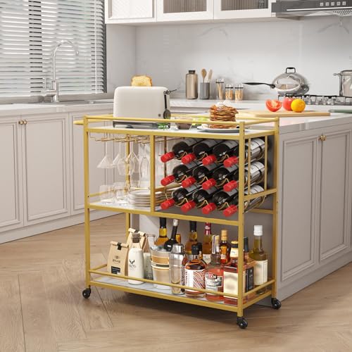 Lifewit Bar Cart for The Home, 3 Tier Drink Cart with Lockable Wheels, 12 Wine Rack and 3 Rows Glass Holders, Liquor Serving Cart for Kitchen Dining Livingroom, 31.6" x 13.1" x 33.9", Gold