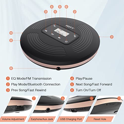 HOTT Portable CD Player with Bluetooth and FM Transmitter,Portable Walkman CD Player with Touch Buttons Backlight,Rechargeable Discman Player with AUX Cable,CD Player Shockproof for Car Home CD903TF