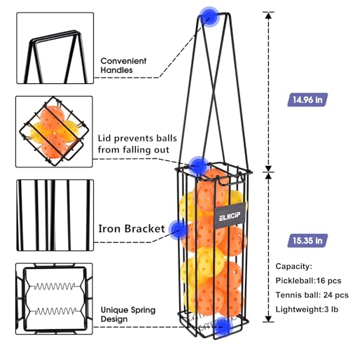 ELKCIP Portable Pickleball & Tennis Ball Collector - Pickleball Retriever Basket Carrier Gatherer Picker Hopper Container for Picking and Storage Training Tool for Ball, Integral