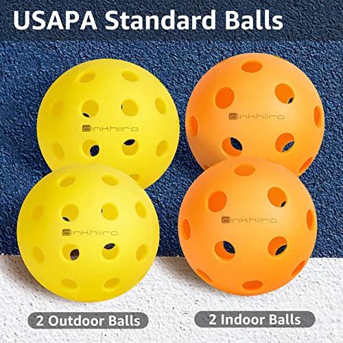 Dinkhiiro Pickle-Ball Paddle Set of 4 with Outdoor Indoor Balls, Racquet Case, Waist Ball Holder Bag | Fiberglass Pickle-Ball Rackets for Adults, Teens | Pickleball Gear Kit for Women, Men