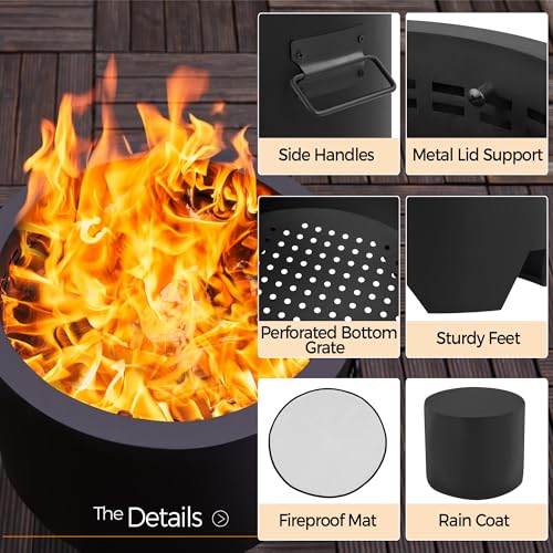 Yaheetech Fire Pit Smokeless Fire Pit Outdoor Firepit Set Portable Wood Burnng Fire Pit for Outside Garden Patio CampingW/Silicone Fire Pit Mat & Fire Poker & Rain Cover & Lid & Log Grate, 16in