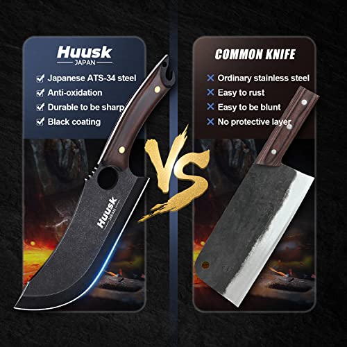 Huusk Japan Knife, Hand Forged Meat Cleaver Knives Japanese Cooking Black Butcher Knife for Meat Cutting Full Tang Cleaver Knife for Kitchen, Camping Thanksgiving Christmas Gifts