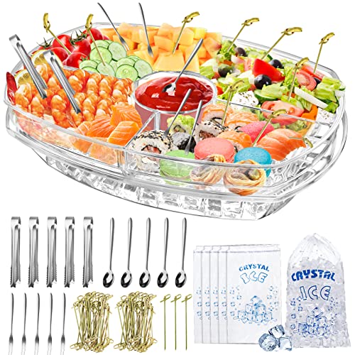 Chilled Serving Tray, 15" Clear Plastic Party Platter with 4 Compartments, Ice Serving Bowl with Bamboo Sticks, Stainless Spoons Forks Clamps, Appetizer Serving Tray on Ice for Veggie, Appetizer