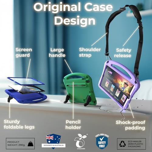Bam Bino Space Suit iPad 9th Generation Case Kids, iPad 8th/7th/10.2 inch iPad Case for Kids | Lightweight Cover with Screen Protector, Handle, Stand, Shoulder Strap, Pencil Holder (Turquoise)