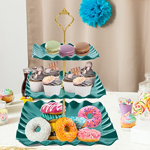 DAFURIET Dessert Cupcake Stand, 3 Tier Cup Cake Holder Tower for Tea Party/Birthday/Weeding, Plastic Tiered Serving Tray with Metal Rod (Green)