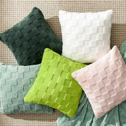 Bedsure Throw Pillow Covers 18x18 Inch - Pack of 2 Sage Green Luxury Soft Cozy Fluffy Fuzzy, Checkered Pillow Cover, Home Decor for Sofa Couch Bed