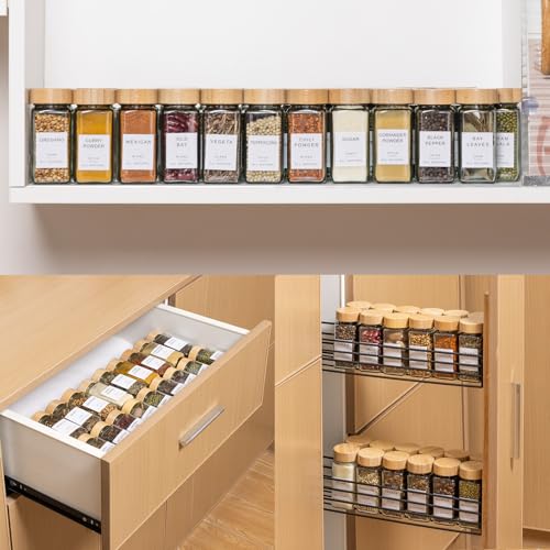FavorFlavor 24 Pcs Spice Jars with Label, 4.3OZ Thickened Glass Seasoning Jars with Bamboo Lids & Pepper Grinder, Airtight Sealing with Metal Funnel for Easy Refilling, Spice Jars with Shaker Lids