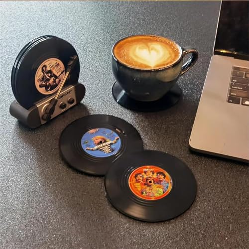 Funny Retro Vinyl Record Coasters, Creative Drink Coasters Set of 6 with Vinyl Record Player Holder for Music Lovers, Housewarming Hostess Gifts, Birthday and White Elephant Gifts Ideas