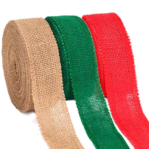 joycraft Christmas Burlap Ribbons, Fabric Ribbon Rolls, 4CM 3 Colors Christmas Ribbon, 1-1/2 inch Wide Ribbon, 33Yds Handmade Ribbon for Gift Wrap Bows Xmas Crafts Decor Wedding Floral