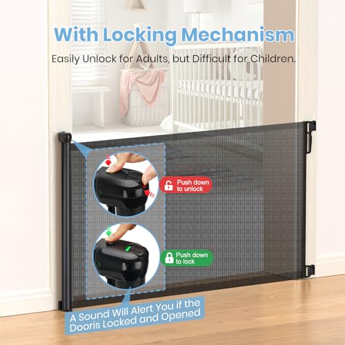 HAMOPY Retractable Baby Gate, 33" Tall, Extends up to 55" Baby Gates Extra Wide, Mesh Gates for Kids or Pets with Alarm, Durable Child Safety Gate for Doorways, Hallways, Stairs, Indoor/Outdoor(Black)