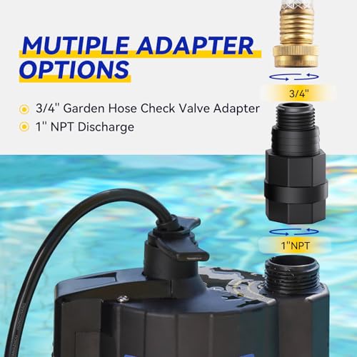 Acquaer 1/6 HP Automatic Submersible Water Pump, 115V Sump Pump with 3/4” Garden Hose Check Valve Adapter,1850 GPH High Flow Water Removal for Swimming Pool Cover Hot Tubs Flooded House Basement