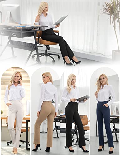 UUE Dress Pants for Women Business Casual Stretch Pull On Women's Yoga Dress Pants Straight Leg Work Pants with Pockets White
