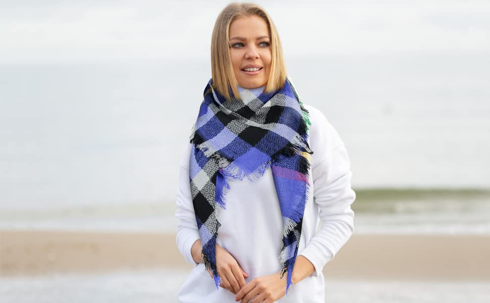Plaid Blanket Scarf Winter Warm Fall Scarfs for Women, Lightweight Woven Soft Oversized Stylish Tartan Scarves Shawl Wraps for Women (White Gray Berry Plaid)