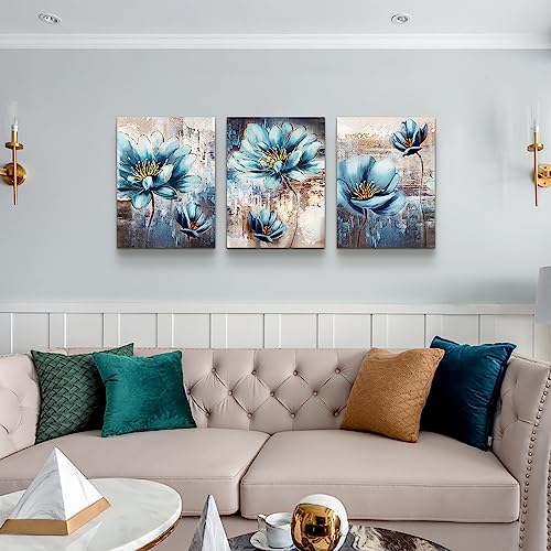 Lapremoly Canvas Wall Art For Living Room Family Wall Decor For Bedroom Abstract Blue Flowers Wall Paintings Office Decor Modern Wall Decorations For Kitchen Wall Pictures Artwork 12" X 16" 3 Piece