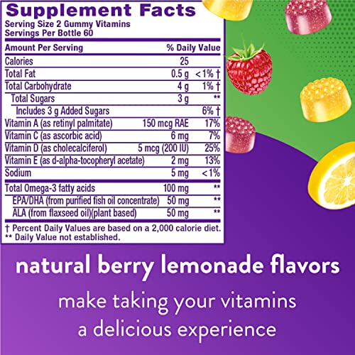 Vitafusion Omega-3 Gummy Vitamins, Berry Lemonade Flavored, Heart Health Vitamins(1) With Omega 3 EPA/DHA and Vitamins A, C, D and E, America’s Number 1 Vitamin Brand, 60 Day Supply, 120 Count