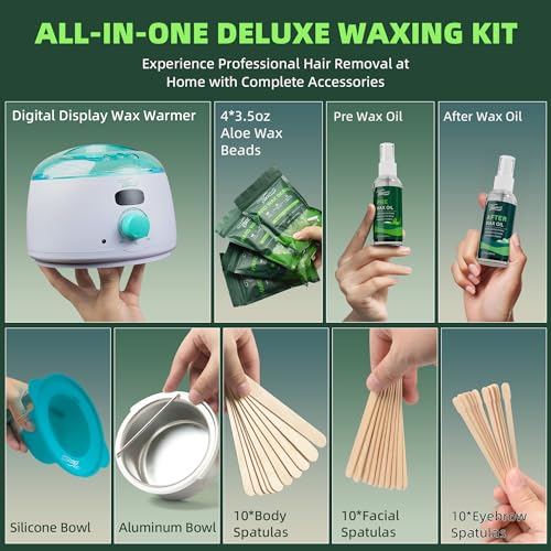 VENNCO Waxing Kit for Women Men - Premium Digital Wax Melt Warmer Kit for Sensitive Skin Coarse Hair Removal - 14oz Hard Wax Beads & Silicone Liner - for Bikini Brazilian Body Face Leg - Home Wax Kit
