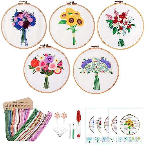 KomoDomo 5 Sets Embroidery Kit for Beginners Learn to Embroider Kit Adult Beginner Embroidery Starter Kit with Pattern and Instruction Cross Stitch Set Kids Embroidery Kit (A Bunch Flowers 5P)