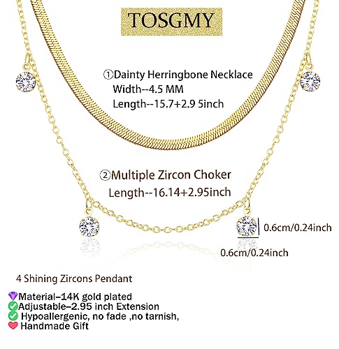 TOSGMY Herringbone Necklace for Women，Dainty Gold Necklace 14K Gold Chain Layered Necklaces Simple Cross Necklace Evil Eye Pearl Cubic Zirconia Pendant Snake Necklaces For Women Jewelry Gift