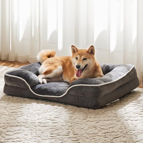 Sweetcrispy Orthopedic Dog Bed, Memory Foam Pet Bed for Medium Dogs with Washable Removable Cover Non-Slip Base Waterproof Liner Egg Crate Foam for Improved Sleep, Grey, 28" L x 23" W x 6.5" Th