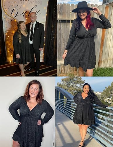 IN'VOLAND Women's Sexy Dress Plus Size Deep V Neck Long Sleeve Ruched Sparkly Club Cocktail Dresses Wine Red