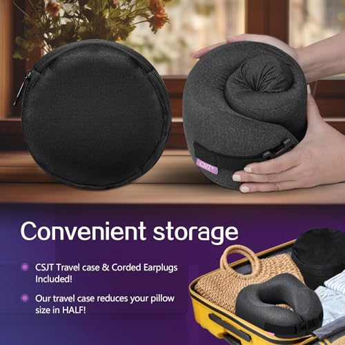 CSJT Travel Pillow Vac Compressed Memory Foam Neck Pillow Airplane,Comfortable,Neck Support,Machine Washable,Airplanes Travel Essentials Accessories for Office,Flight,Cars Breaks Sleeping(Black)…