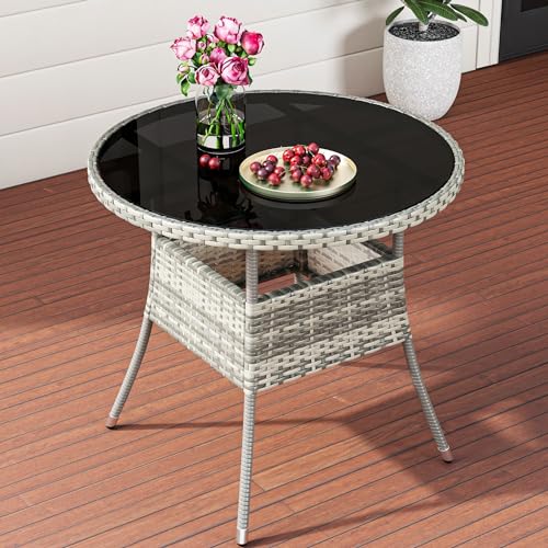 YITAHOME 31.5" Patio Table for 4-Person, Outdoor Patio Wicker Round Dining Table, All-Weather Rattan Bistro Dining Table w/Glass Tabletop for Backyard Deck Porch Poolside, Gray