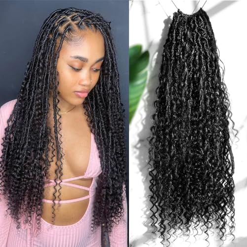 ARUKIHAIR Crochet Dreadlocks Braiding Hair With Human Hair Curls Pre Looped Boho Goddess Locs Crochet Hair Dreadlocks Curly Full Ends Hair Extensions For Black Women Natural Color 18 Inch 24 Locs