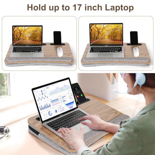 Lap Desk Laptop Bed Table: Home Office Portable Computer Lapdesk with Soft Cushion and Storage Bag - Wood Wide Writing Padded Tray for Work on Couch - Fits up to 17 Inch Laptop